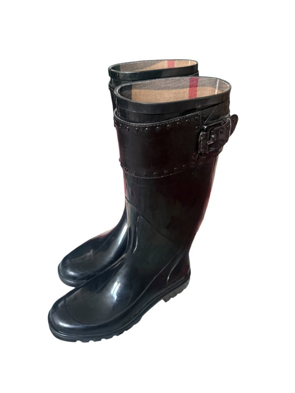 Vintage Burberry Women's Black Rubber Rain Boots with Nova Check interior lining